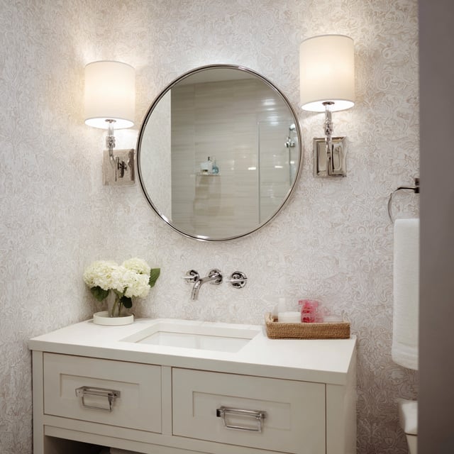 A petite bathroom vanity with a white countertop and drawers is centered under a frameless round mirror, flanked by two wall sconces, against a textured light-colored wallpaper.