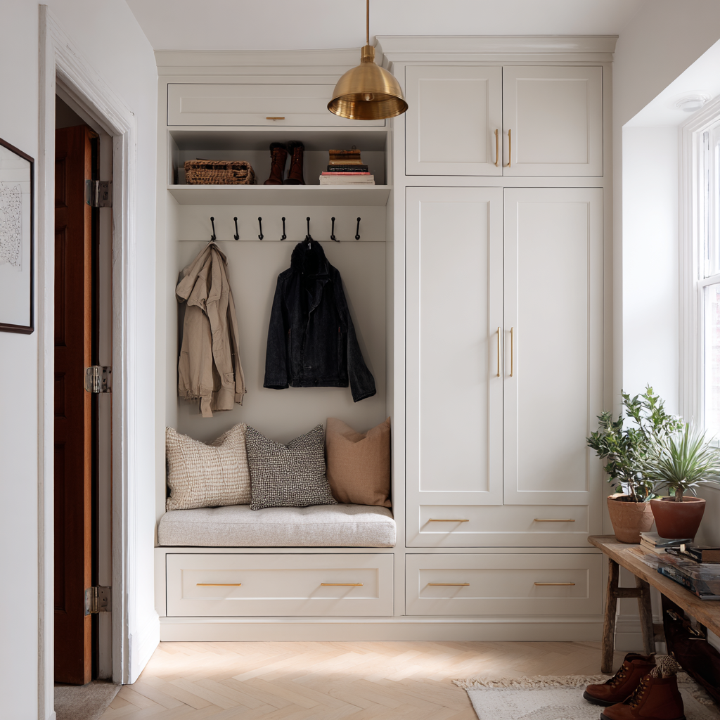 Bright, tailored mudroom nook with off-white shaker-style built-in cabinetry, a cushioned bench seat with neutral textured throw pillows, black wall hooks for coats, open upper cubby shelving, and warm brass hardware and pendant lighting. Light herringbone wood floors, potted greenery, and clean transitional design complete the space.