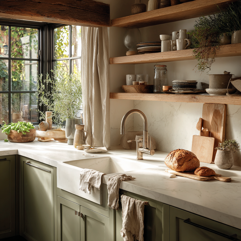Rustic kitchen with green cabinets, open shelves, and bread.