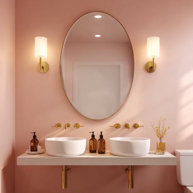 Chic pink bathroom with gold accents and vessel sinks.
