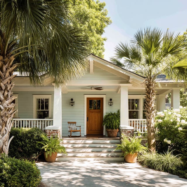 Light blue Southern cottage with a porch and palm trees.