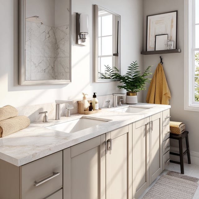 Modern beige bathroom with double sinks and marble counters.
