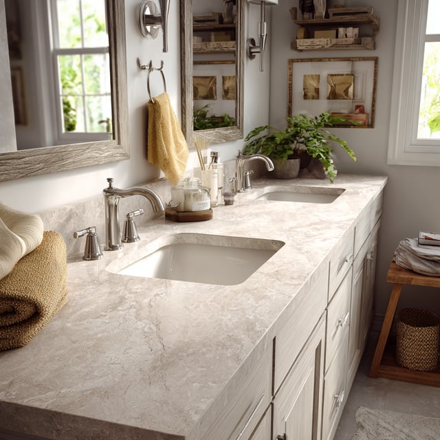 A beige marble bathroom vanity with two sinks and a plant.