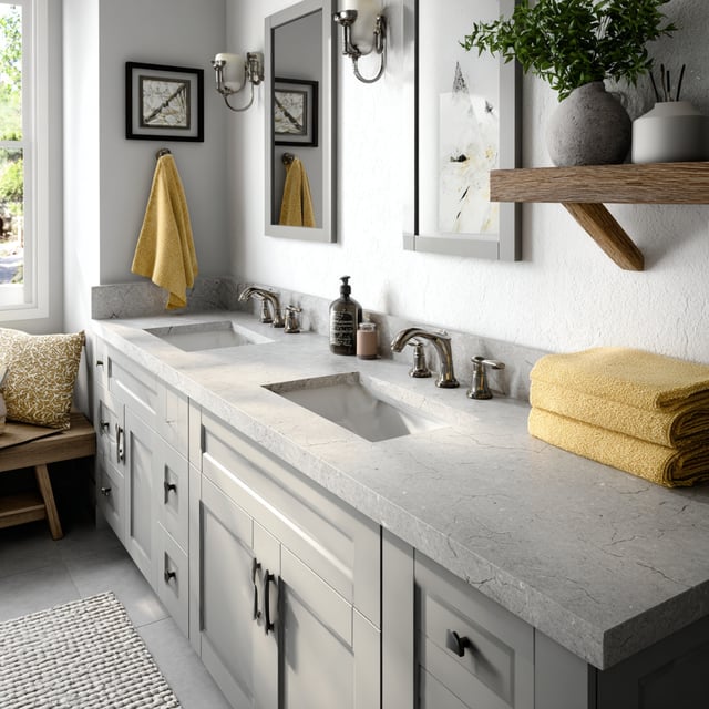 Modern bathroom with gray quartz and yellow accents.