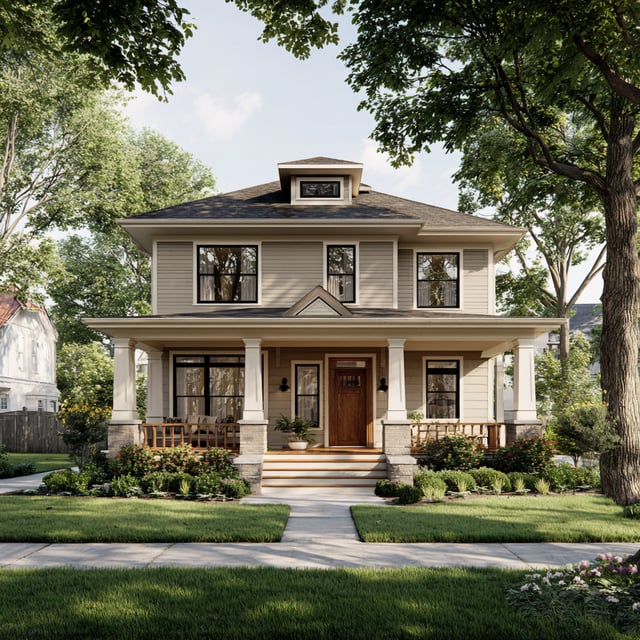  Classic American Foursquare house with a wide porch and lawn.
