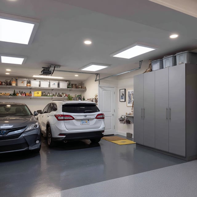  Modern renovated garage with two cars and grey cabinets.