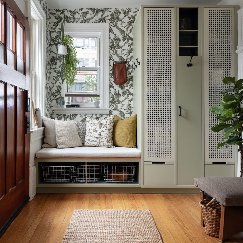 Cozy, vintage-inspired mudroom with sage green built-in cabinetry, perforated cane-style locker doors, a white cushioned bench with mixed neutral and mustard pillows, botanical leaf-pattern wallpaper, wire storage baskets below, warm oak flooring, and natural woven rug accents.