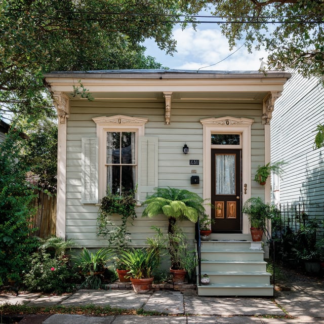 A renovated shotgun-style house finished in a pale sage green horizontal siding with cream-colored trim.