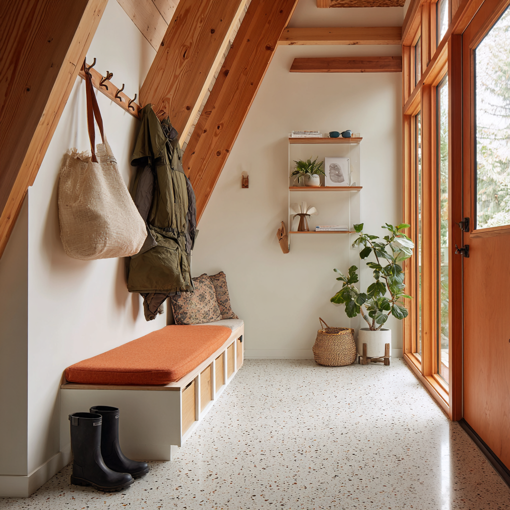 A revamped A-frame entryway featuring terrazzo flooring, integrated wood-beam architecture, and a functional built-in bench.