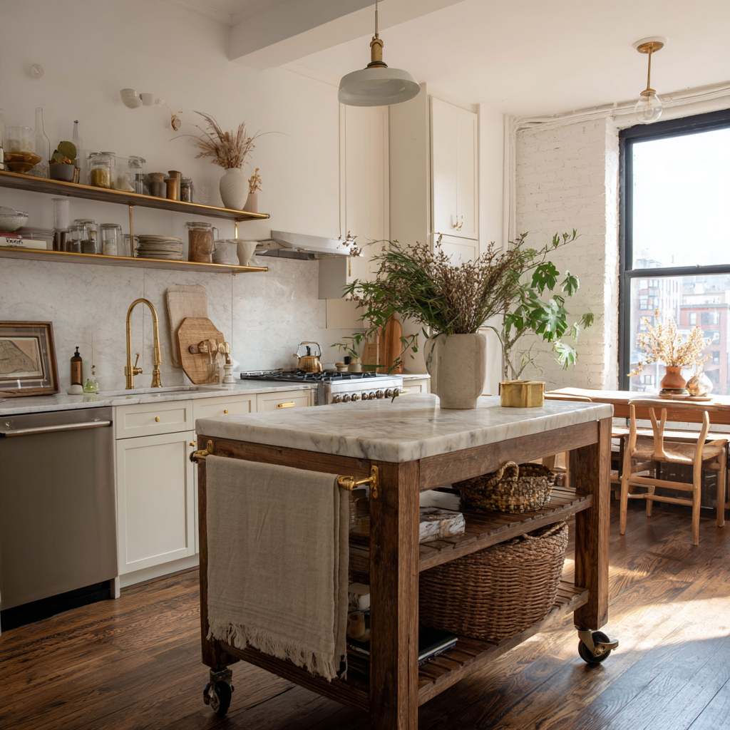 A cozy rustic-modern kitchen with white cabinets, open shelves, a marble-topped wooden island, and warm natural light.