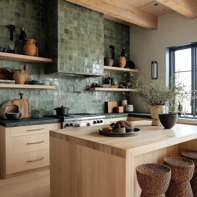 Rustic modern kitchen with green tiles and wood cabinets.