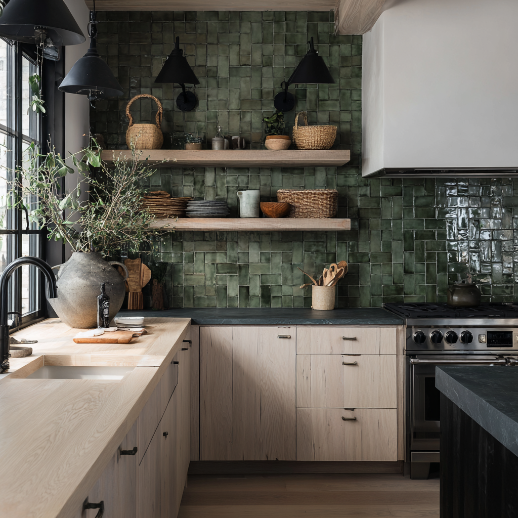 White kitchen with wood tops, gold taps and green tile.