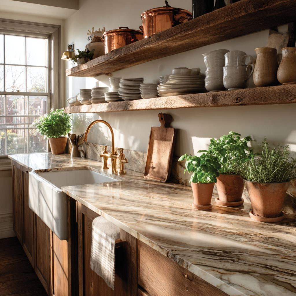 A rustic modern kitchen featuring open wooden shelving, white farmhouse sink, wooden cabinetry, and brown and cream veined stone countertops decorated with potted herbs and stacked dishes.