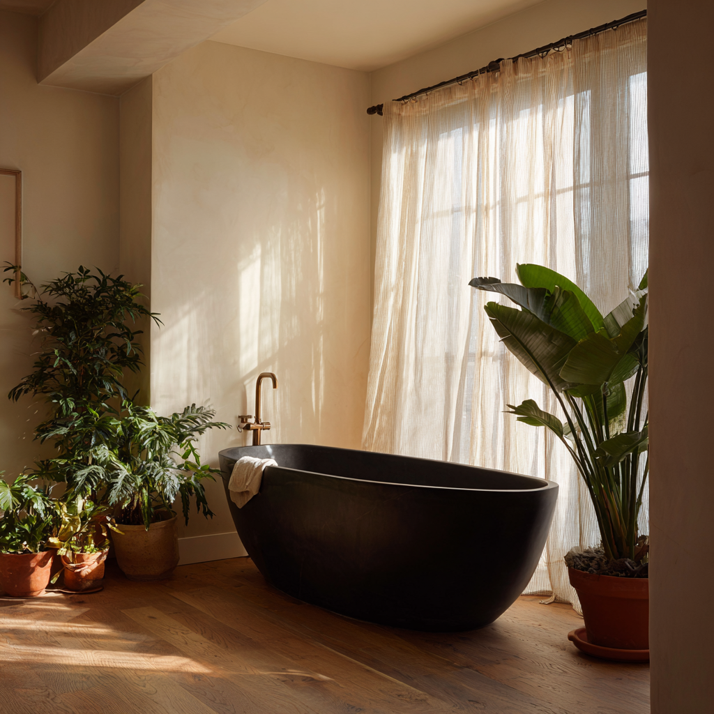 Sculptural matte black freestanding soaking tub with copper faucet.
