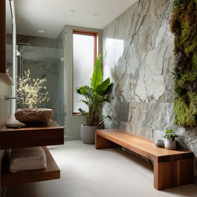 Serene bathroom with wood bench, stone sink, and plants.