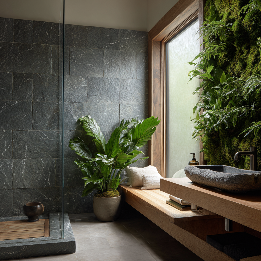 Serene bathroom with stone, wood, and living plant wall.