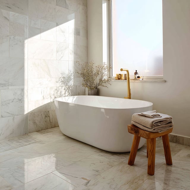 Sunlit marble bathroom with freestanding tub and brass faucet.