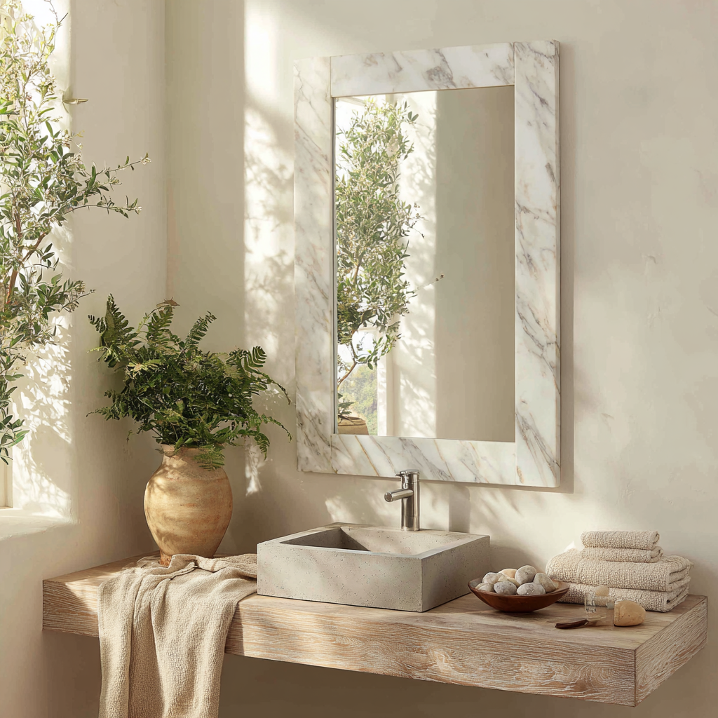 A serene bathroom scene is centered on a rectangular mirror with a thick white and gray marble frame, mounted above a light wood floating vanity holding a square concrete vessel sink with a brushed nickel faucet, a beige towel-draped clay vase with ferns, a stack of towels, and a wooden bowl of stones.