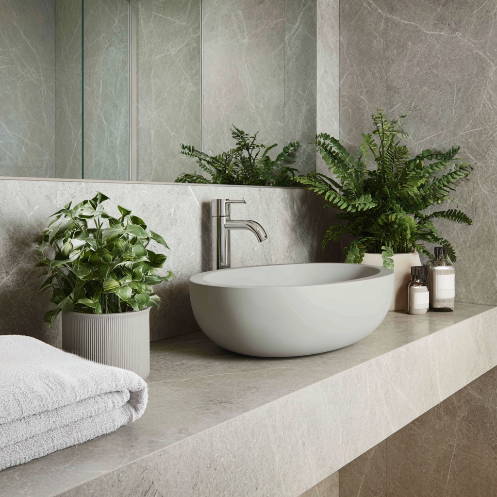 Gray stone bathroom vanity with vessel sink and green plants.