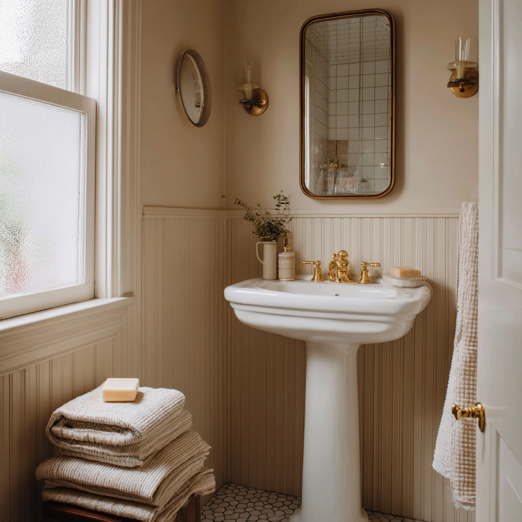 Image 3: Beadboard wainscoting in a soft neutral gives this bathroom texture and vintage warmth.