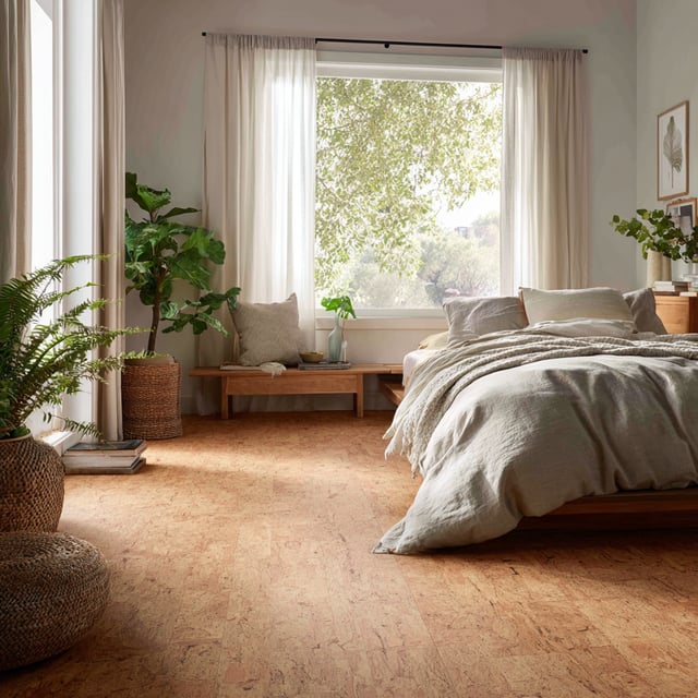 A serene bedroom features a bed with neutral linens, large windows with sheer curtains, several potted plants, and cork flooring.