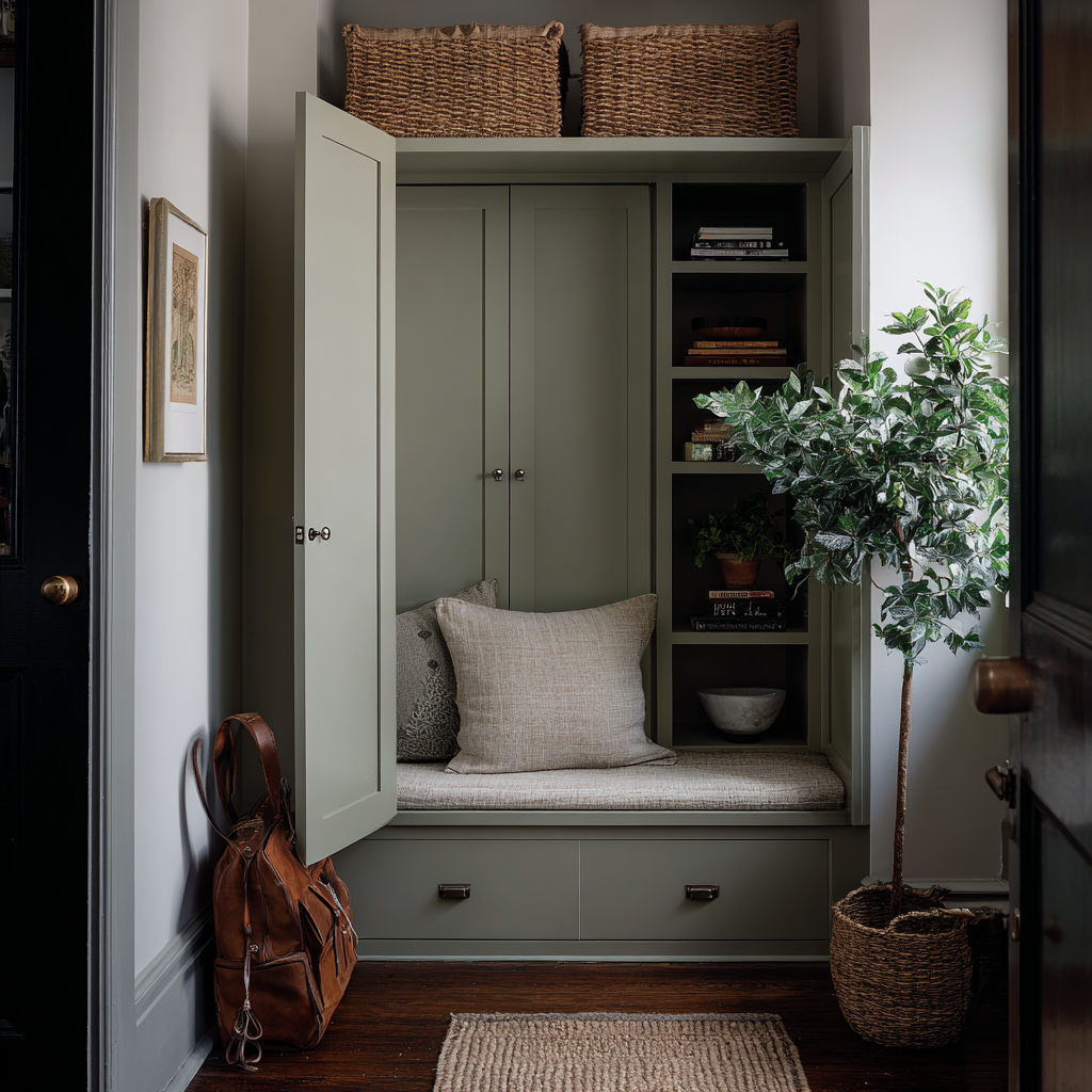 Compact mudroom bench built into a sage green closet with shaker-style doors, open shelving, and woven baskets. Neutral linen cushions, warm wood floors, and a jute rug create a cozy modern cottage look with soft, earthy tones.