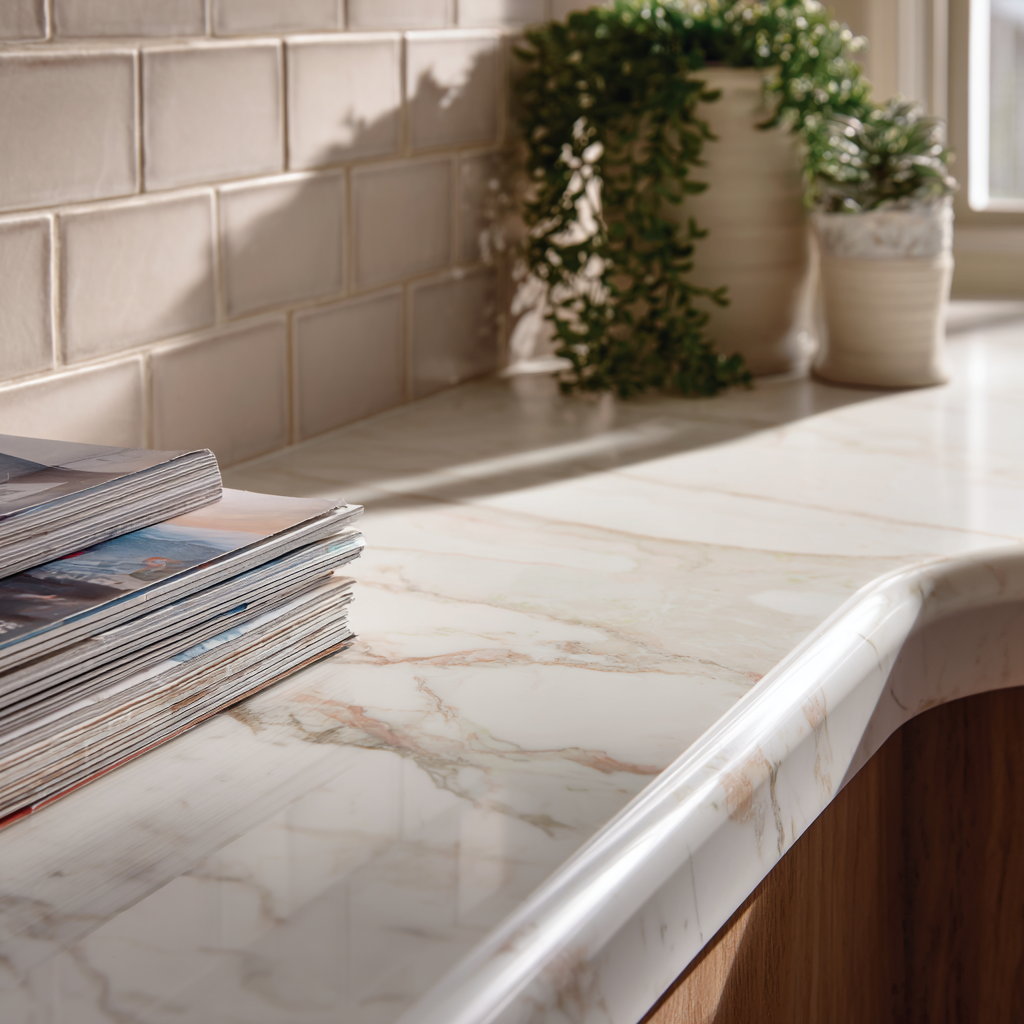 Close-up of a marbled countertop with a curved ogee edge.