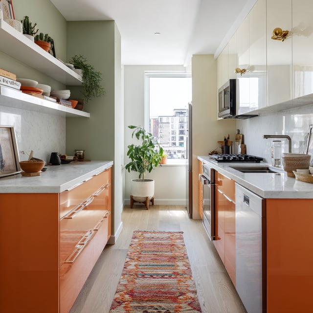 A sleek, galley-style kitchen features glossy orange lower cabinets, pale green walls, open shelving, white marble countertops and backsplash, and a colorful runner rug on a light wood floor.