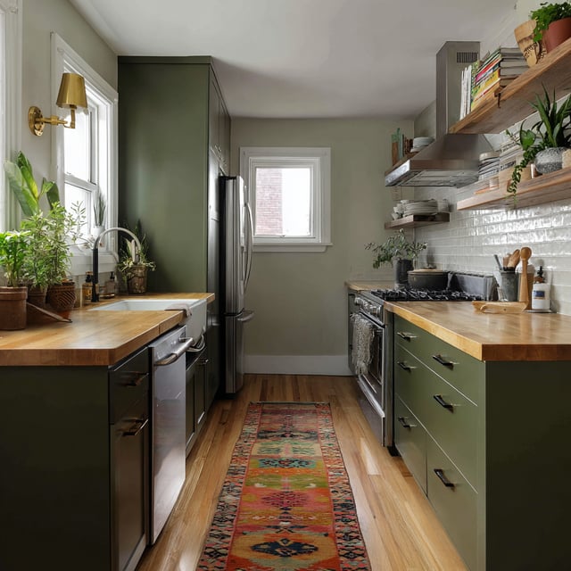 A galley kitchen with green cabinets and wood counters.