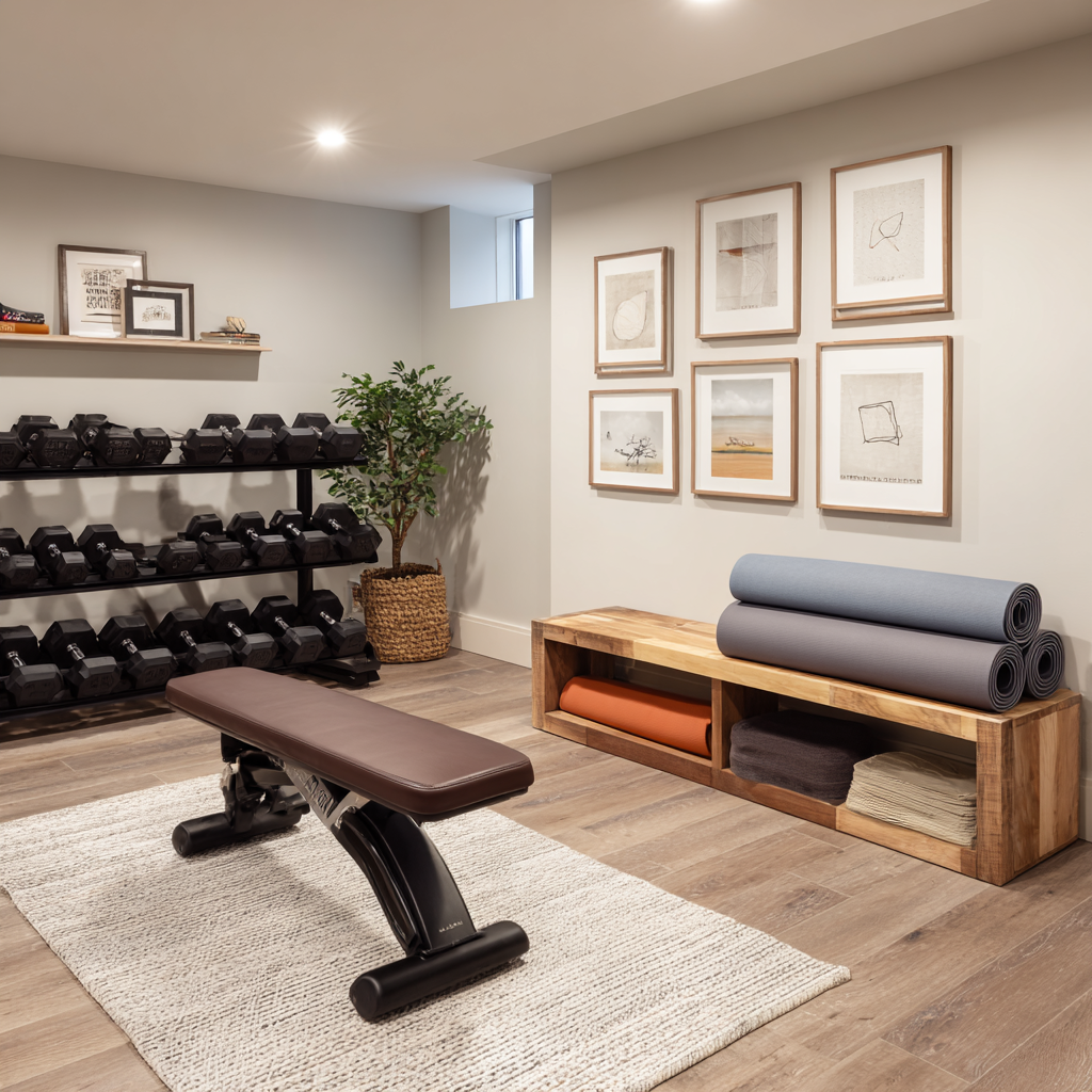 Modern basement home gym with bench, dumbbells, and yoga mats.-look_vinyl_pl_5fd7ab54-5f43-4feb-a11b-be098d785af5_1