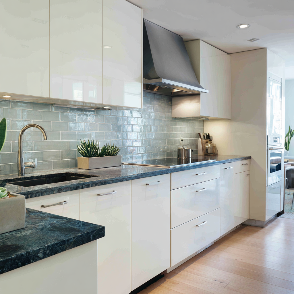 The sleek modern kitchen with glossy blue-gray subway tile, high-gloss white flat-panel cabinets, stainless steel hood, and deep blue-black granite countertops