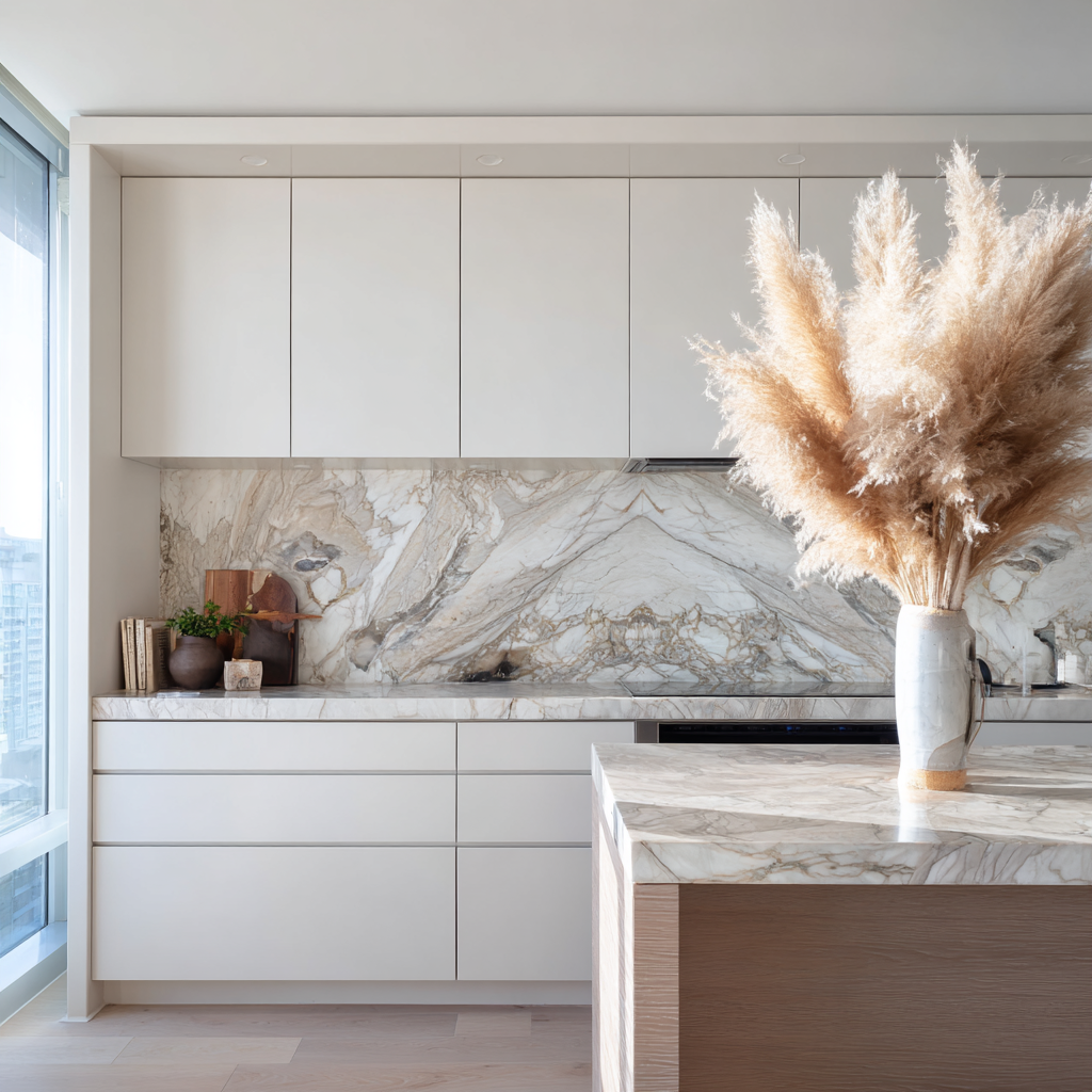 Minimalist kitchen with marble counters and pampas grass.