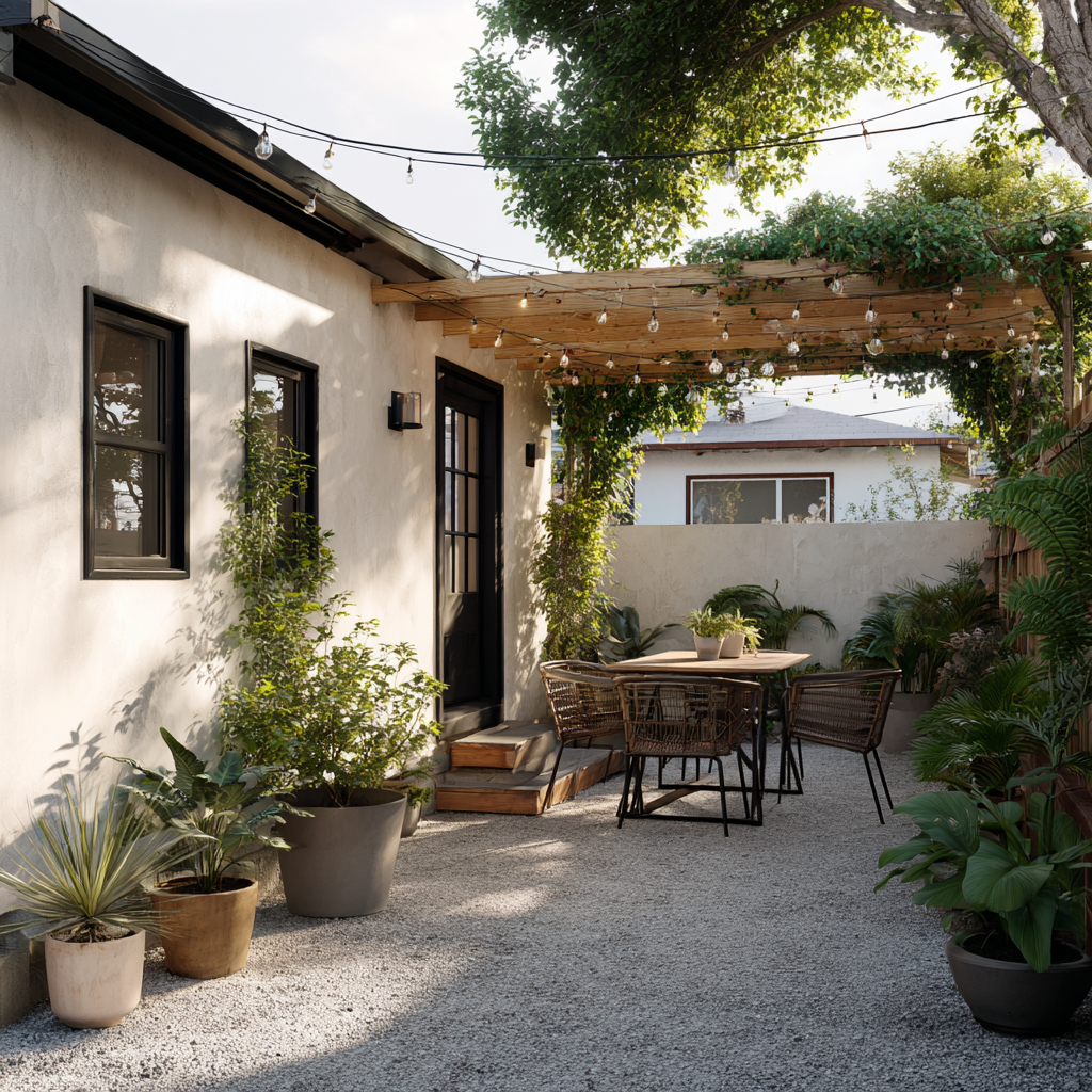 Gravel courtyard with a dining set, pergola, and plants.