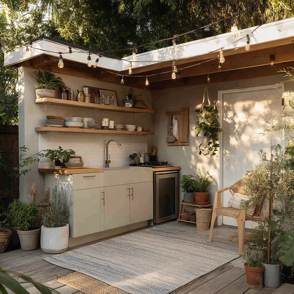 A small backyard patio with an L-shaped outdoor kitchen.