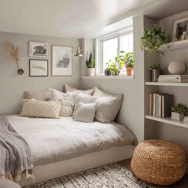 Cozy, bright basement bedroom with natural light and plants.
