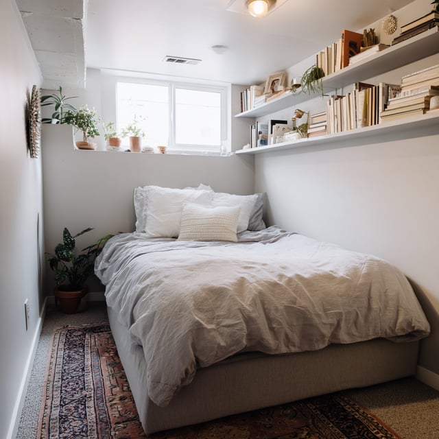 Small basement bedroom with grey linen bed and bookshelves.