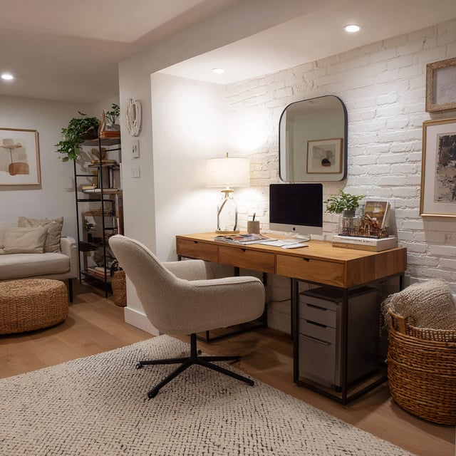 A cozy, contemporary basement home office is set up in a nook with a wood desk, a light-colored swivel chair, a square black mirror on a white brick accent wall, and a cream-colored rug.