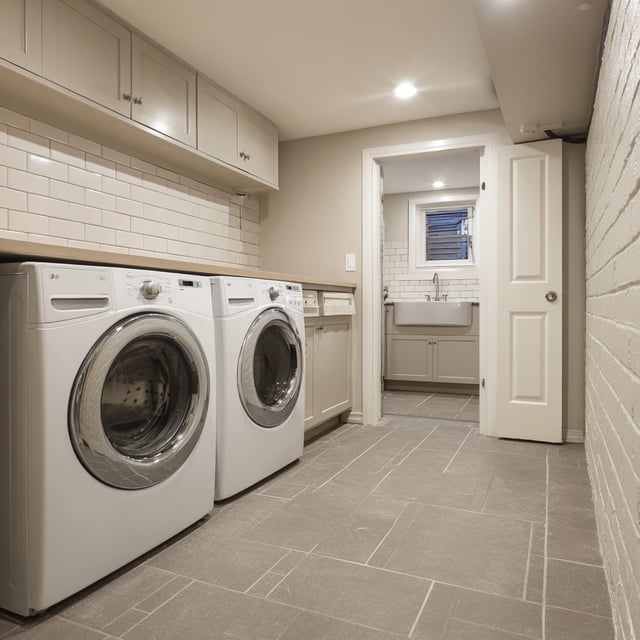 A clean, modern basement laundry room with a front-loading washer and dryer, light gray cabinetry, white subway tile backsplash, gray tiled floor, and a doorway leading to a small utility sink area.