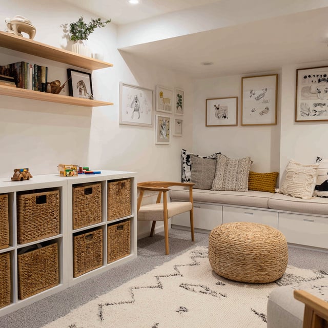 A bright, organized basement playroom featuring white walls, light wood floating shelves, a white cube storage unit with woven baskets, a built-in bench with pillows, a light-colored geometric rug, and a large woven pouf.