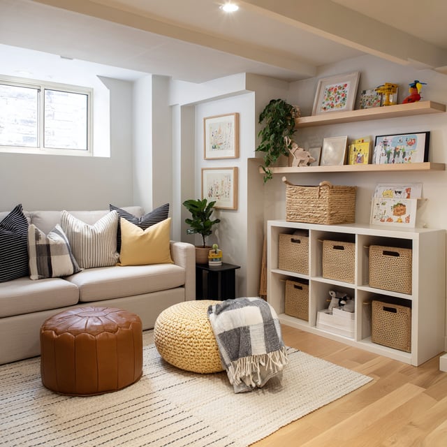 Organized basement playroom with sofa, poufs, and shelving.