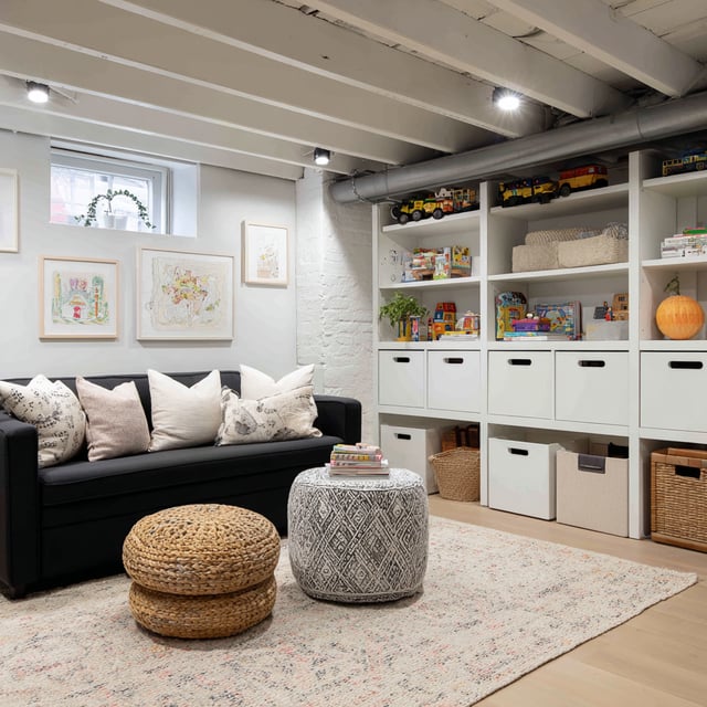 Basement playroom with black sofa, round ottomans, and storage shelves.