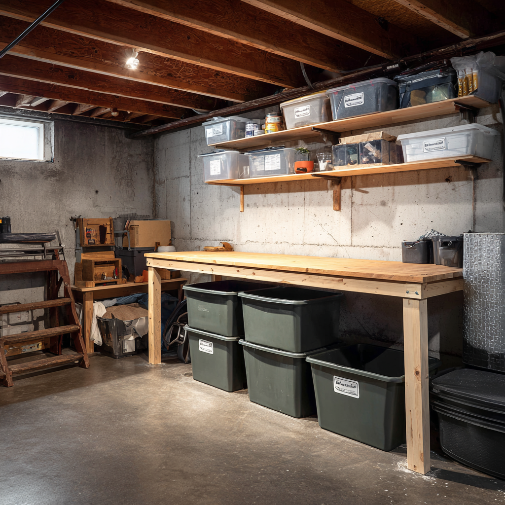 An unfinished basement workspace with exposed wooden ceiling joists, concrete walls and floor, a long wooden workbench, wall-mounted shelves holding labeled plastic storage bins, and large bins stored underneath.