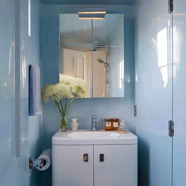 A small bathroom features light blue, glossy painted walls, a white vanity with a chrome faucet, a recessed mirrored medicine cabinet with lighting, and a glass vase filled with white flowers.