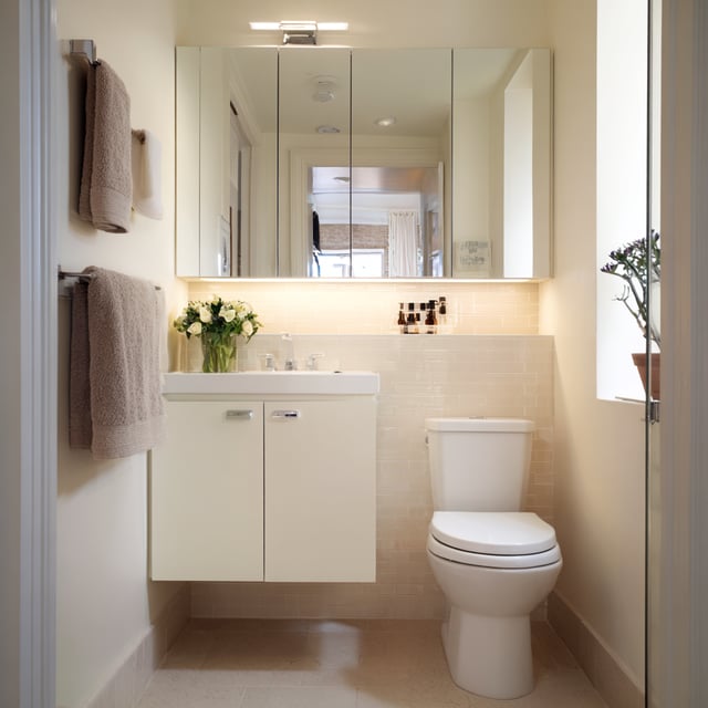 A small, brightly lit bathroom features a white floating vanity with a vessel sink, a white toilet, and a large mirrored medicine cabinet mounted above a tiled backsplash, with neutral-colored towels hanging on the left wall.