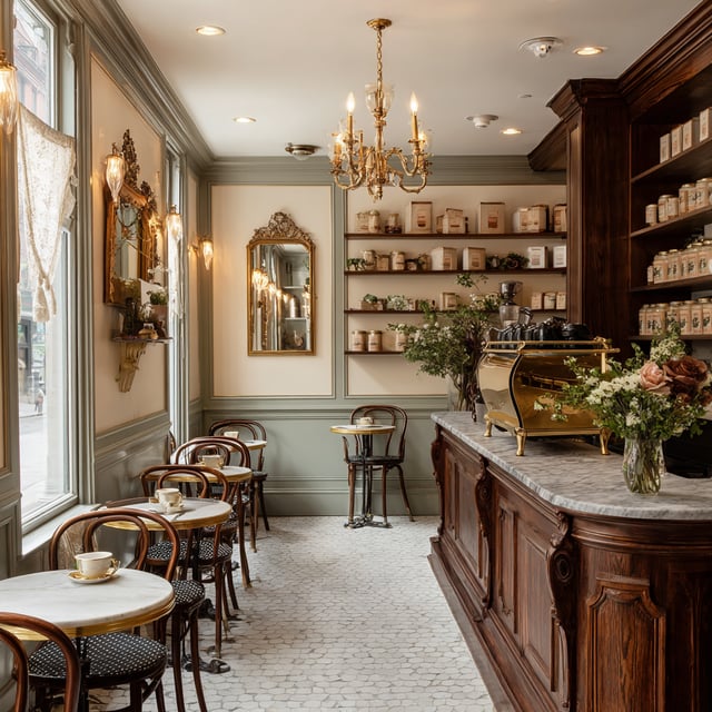 A small, traditionally styled boutique coffee shop interior features round marble-topped tables with dark wood chairs, a richly carved wooden counter with a gold-toned espresso machine, and shelves stocked with various products.