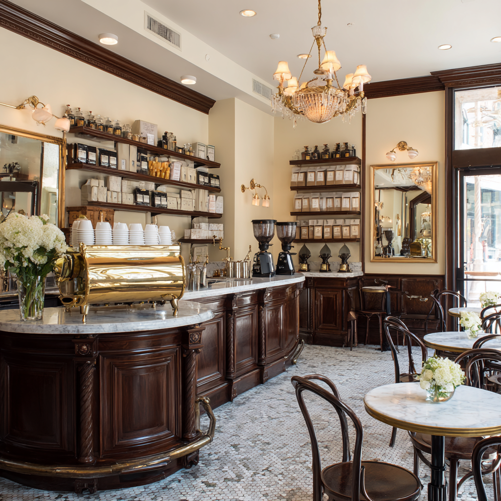 A sophisticated, traditional coffee shop features a dark wood counter with a brass espresso machine and marble top, light cream walls, dark wood trim, a crystal chandelier, and small round marble-topped tables with dark wood chairs on a mosaic tile floor.