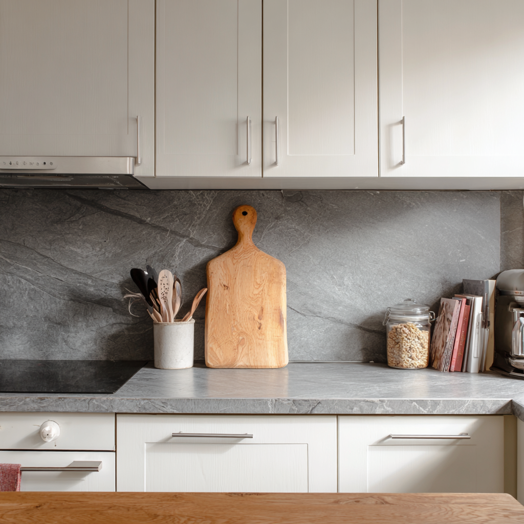 Polished kitchen with gray stone backsplash and wood board.