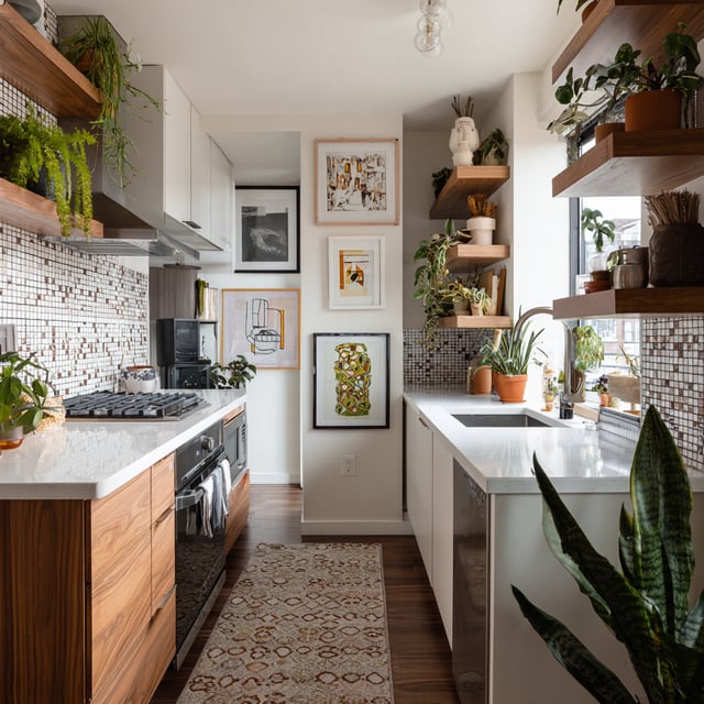 A narrow, modern galley kitchen that blends clean white surfaces with warm, natural wood accents and an abundance of greenery.