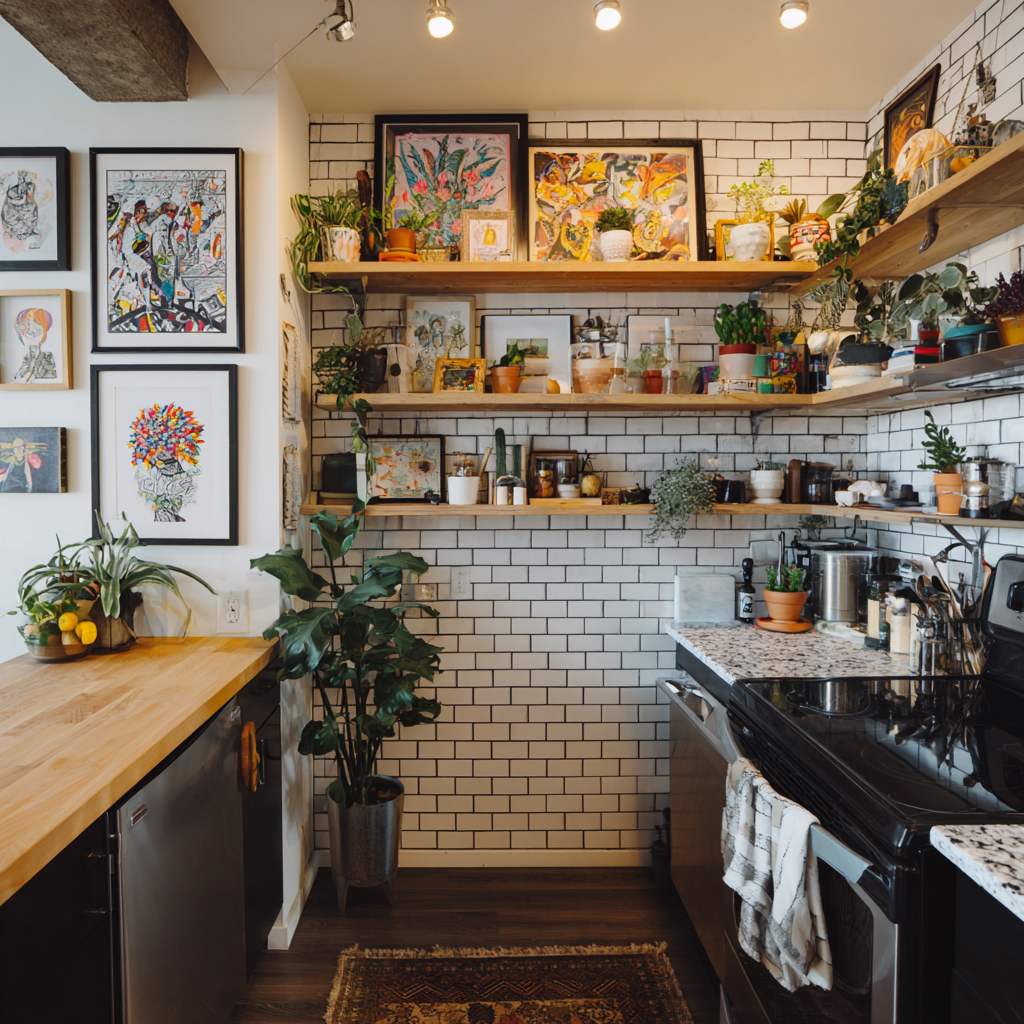 A small, character-filled kitchen featuring white subway tile walls lined with layered wooden floating shelves displaying an eclectic mix of vibrant artwork, potted plants, and kitchenware.