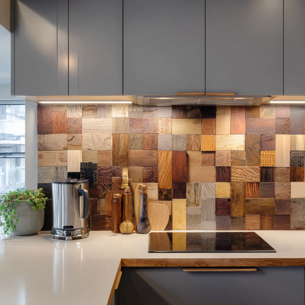 A small city kitchen with a patchwork mosaic of different wood species.